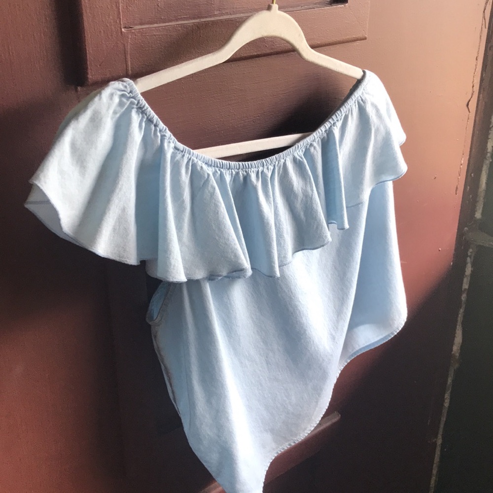 Light Blue Off-Shoulder Ruffle Top - Picture 2 of 7